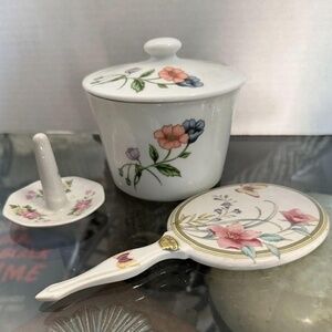 Set of 3 Porcelain Powder Dish & Lid-Ring Holder Hand Mirror in Floral Design.